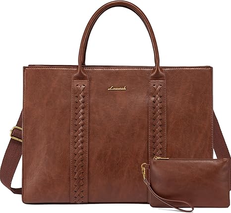 Laptop Tote Bag for Women, Vintage Leather Work Bag With Cup Holder, Waterproof Computer Purse, Professional Briefcase Office Shoulder Handbag, 15.6 Inch, Brown