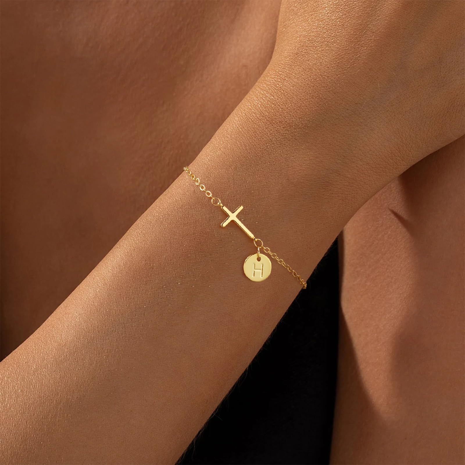 Bracelets for Women Plated Cross Initial Charm Bracelet Dainty Cute Trendy Custom Letter Bracelets Waterproof Non Tarnish Simple Fashion Jewelry Gifts