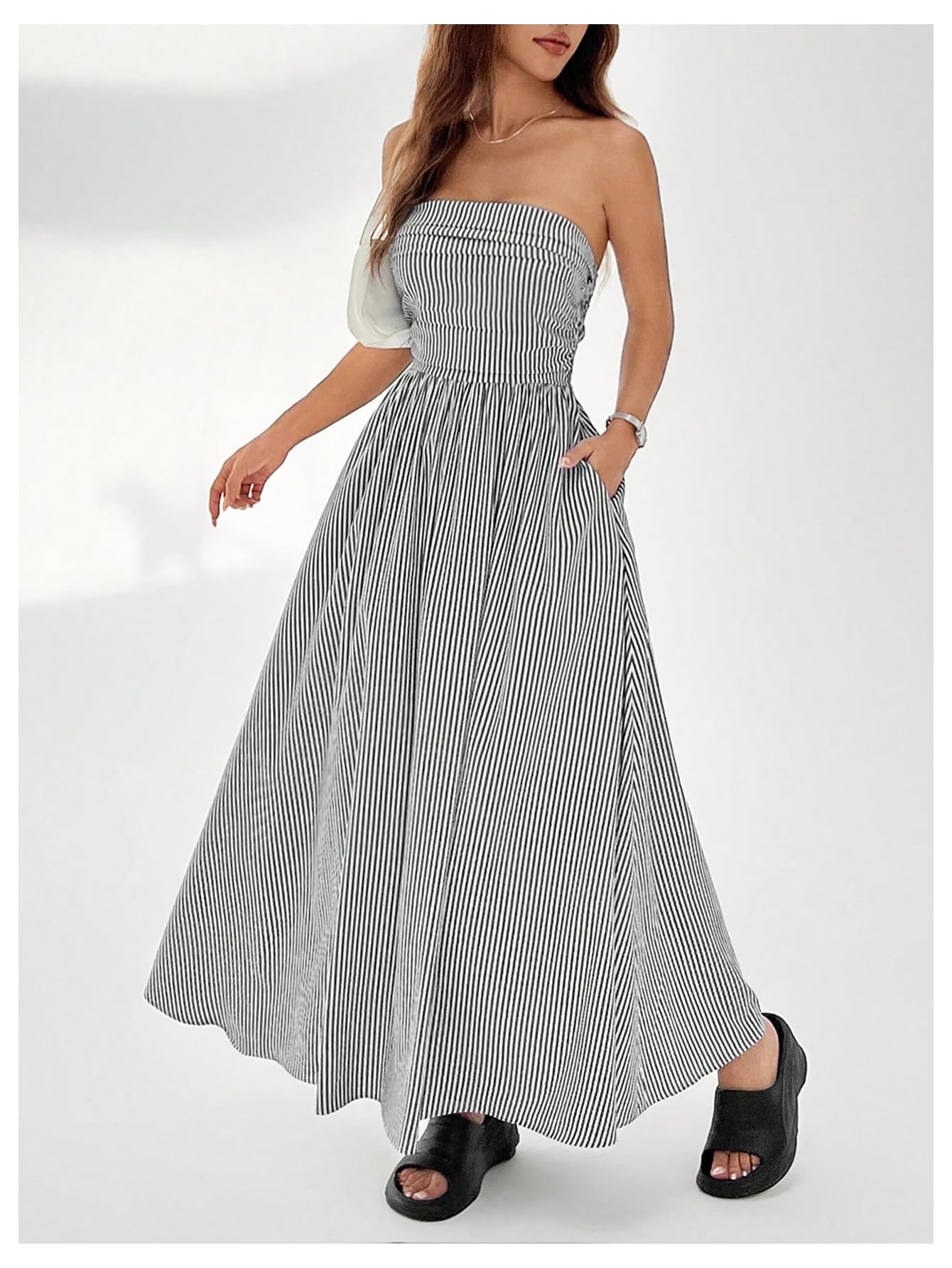Women's Striped Strapless Maxi Dress Summer Flared Tube Top Long Dresses with Pocket