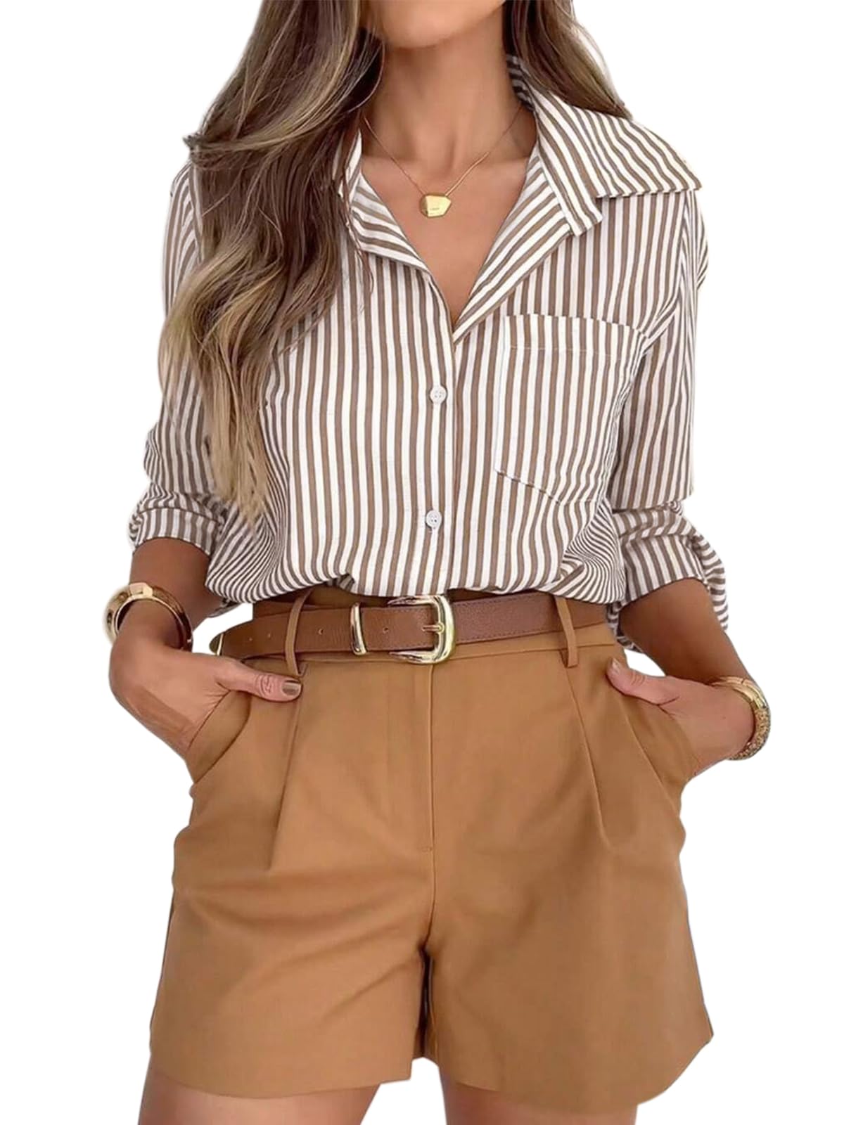 Striped Button Down Shirts for Women Dress Shirts Long Sleeve Casual Collared Office Work Shirt with Pocket