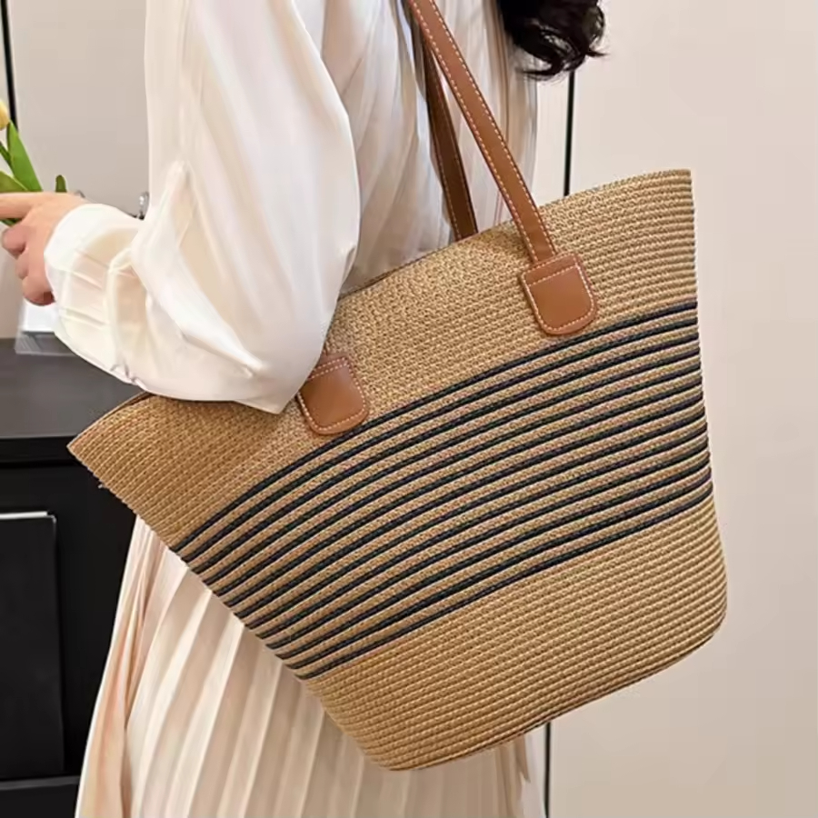 Women's Summer Trendy Large Capacity Rattan Straw Bucket Bag Woven Shoulder Tote Zipper Closure Polyester Lining Seaside Style